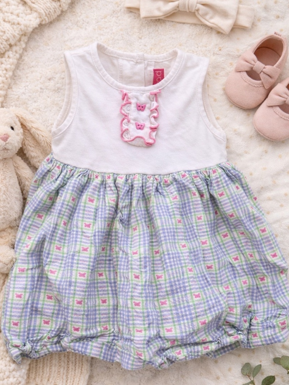 Goodlad Baby Girls Plaid Butterfly Dress 9M Pink Blue Sleeveless Easter